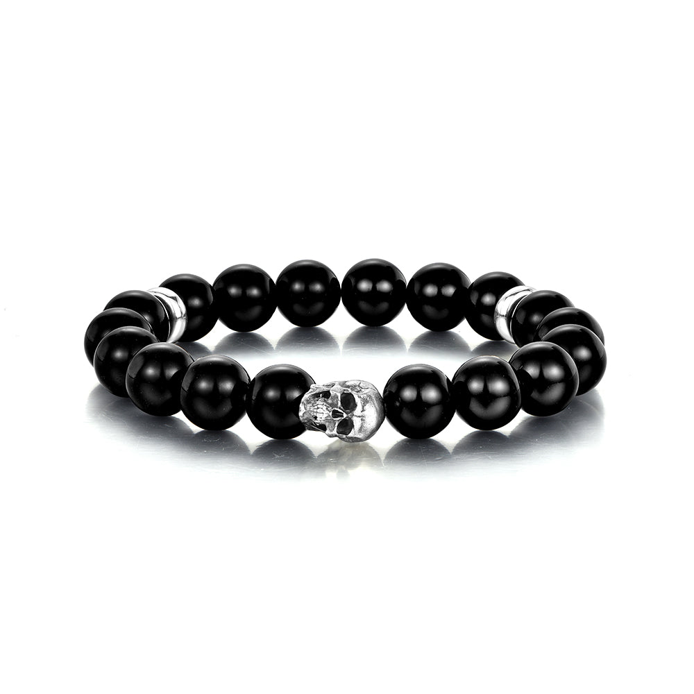 IDEAGEMER Sterling Silver Obsidian Skull Beaded Bracelets