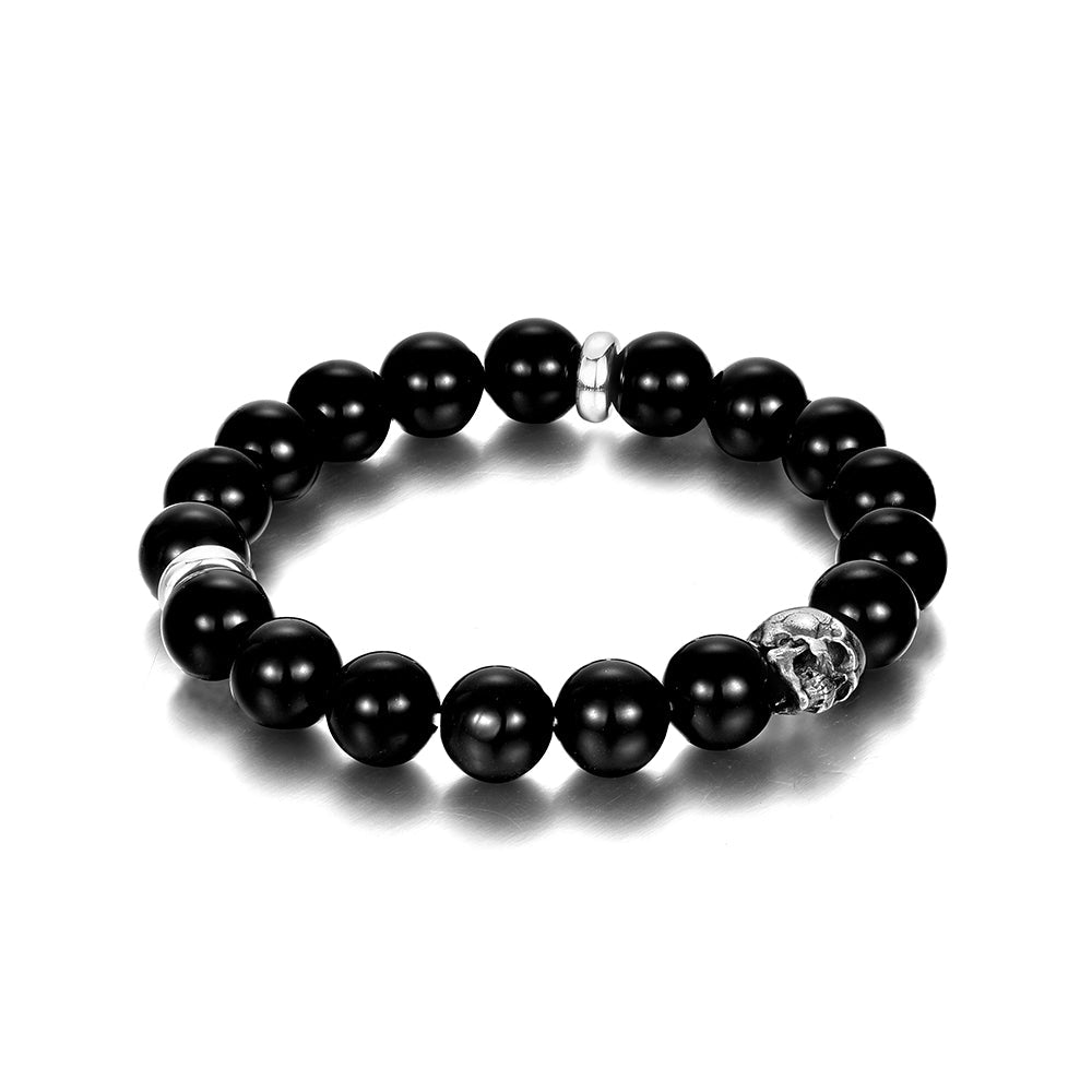 IDEAGEMER Sterling Silver Obsidian Skull Beaded Bracelets