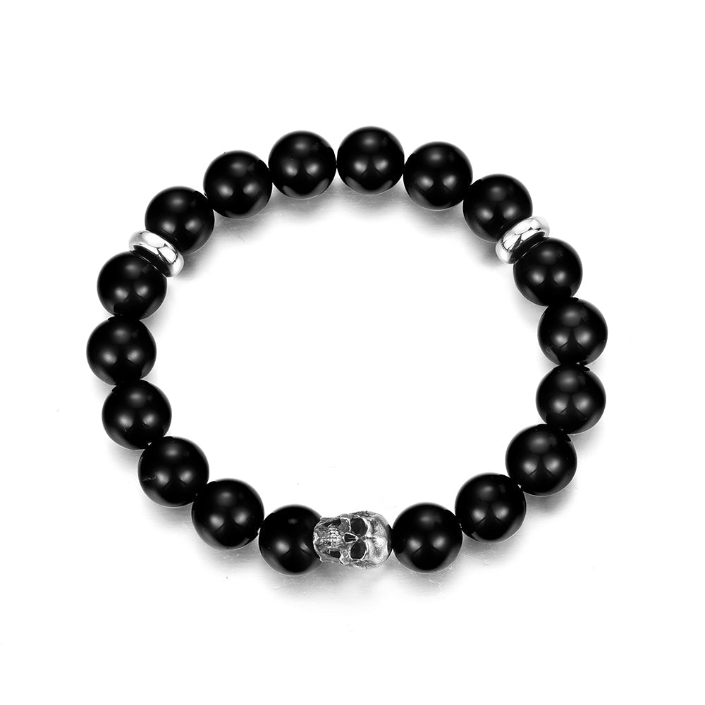 IDEAGEMER Sterling Silver Obsidian Skull Beaded Bracelets