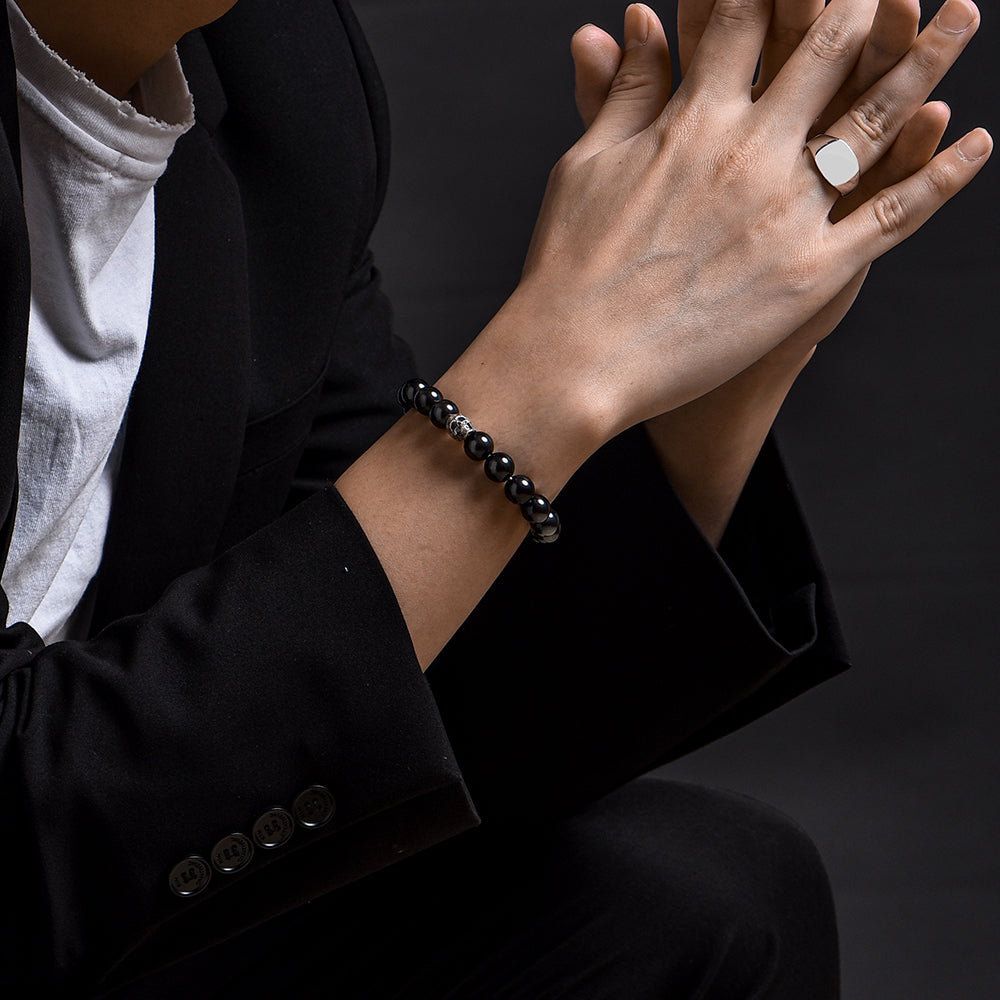 IDEAGEMER Sterling Silver Obsidian Skull Beaded Bracelets