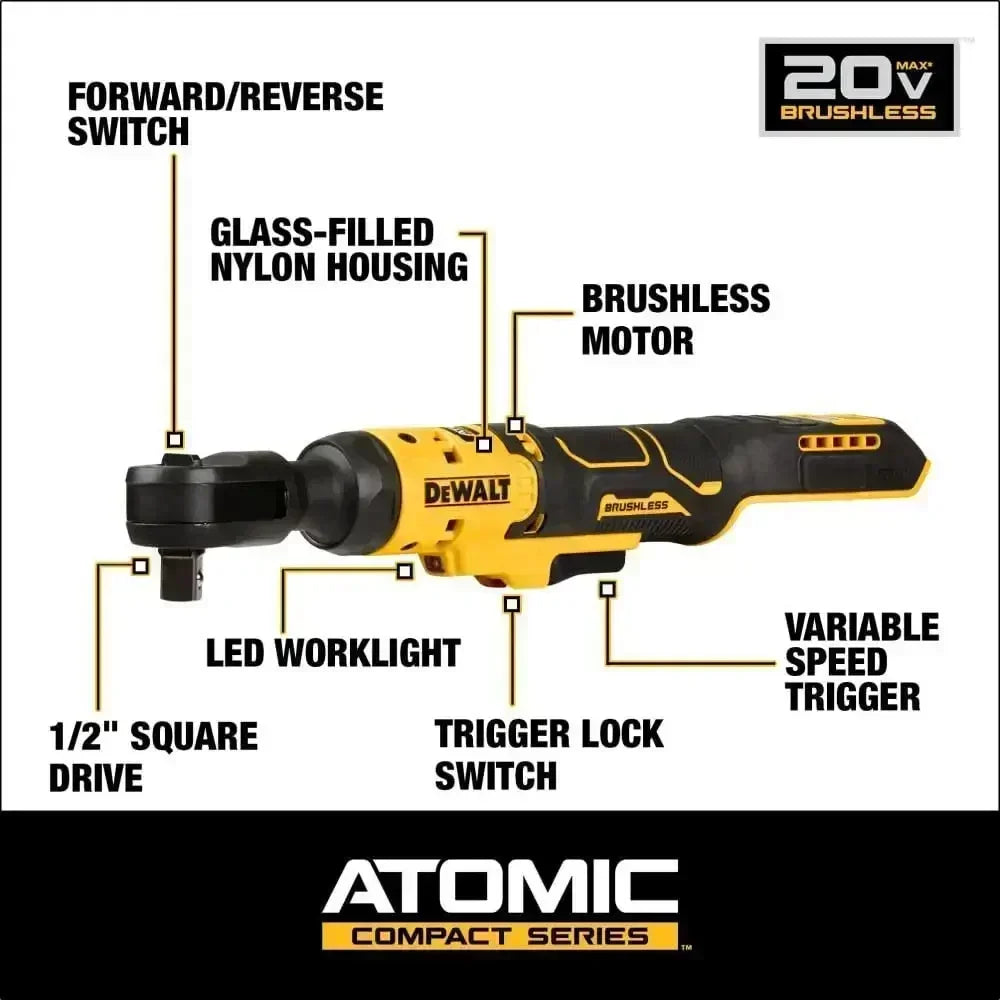 DEWALT DCF512 1/2 in Cordless Brushless Ratchet Wrench Atomic Compact Engineered Variable Speed Control Ratchet Wrench
