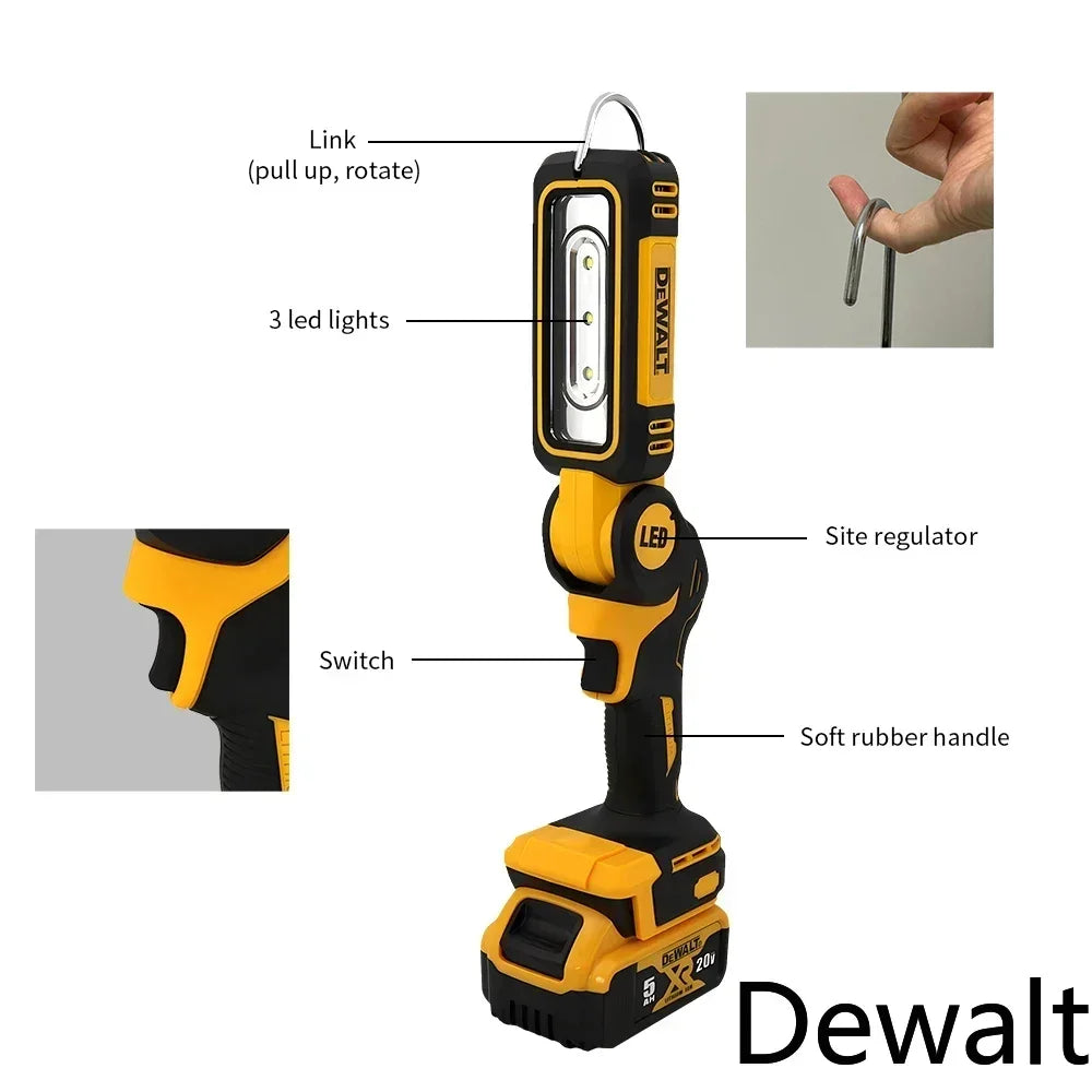 Dewalt 20V Lithium Battery 90 Degree Folding LED Work Light Handheld Multifunctional Portable Camping Torch for Outdoor Camping